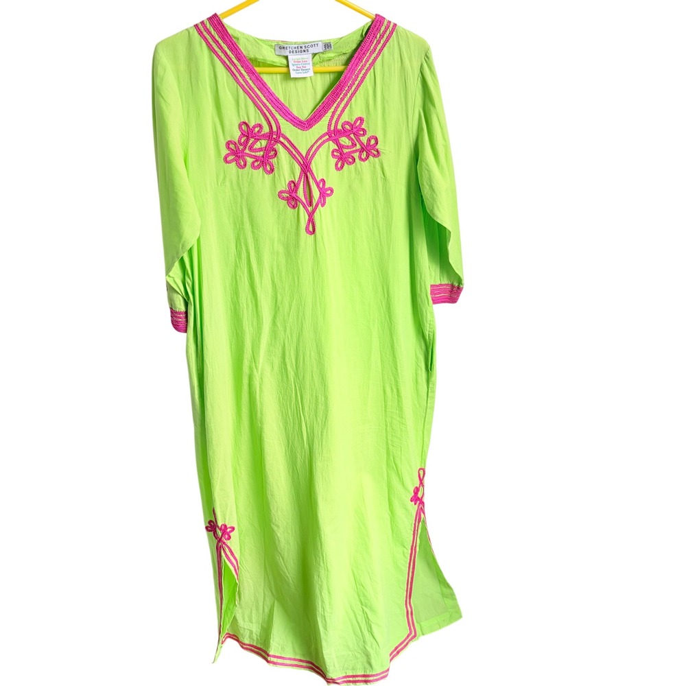 Gretchen Scott Maxi Dress M/L Boho Cottage Lime Green Pink Embroidered Cotton